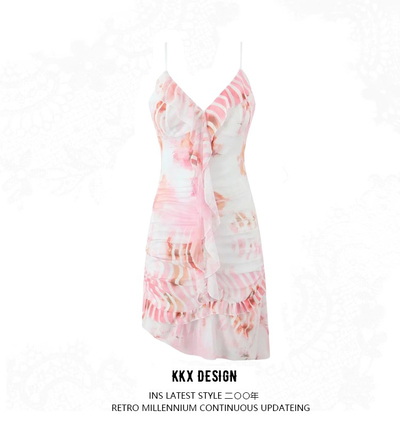Sexy V-neck ear-edge ribbon dress with pleated slim irregular short skirt