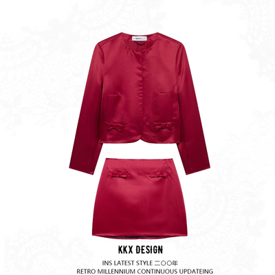 Bow decorated satin suit + skirt set
