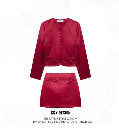 Bow Decorated Satin Suit + Skirt Set
