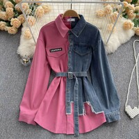  Fashion Women Denim Patchwork Lapel Dress irregular mid length shirt - Thumbnail 2