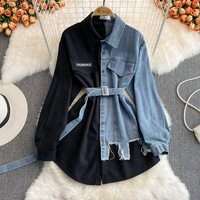 Fashion Women Denim Patchwork Lapel Dress irregular mid length shirt - Thumbnail 6