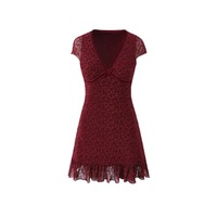 Sexy Deep V Neck Short Sleeve Dress Bow Waist Ruffled Hip Skirt - Thumbnail 2