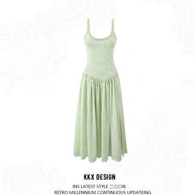 Sexy low-cut u-neck slim waist suspender dress with high side slits
