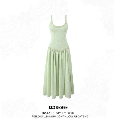 Sexy low-cut U-neck slim waist suspender dress with high side slits