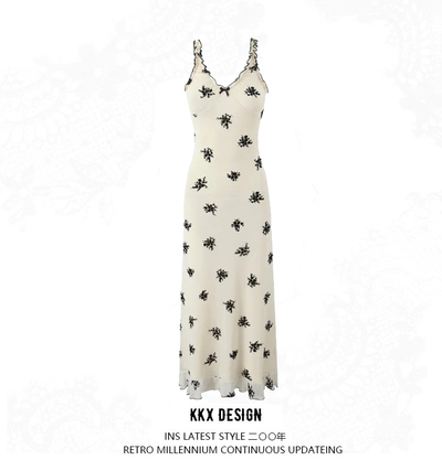 Deep V-neck ruffled suspender dress
