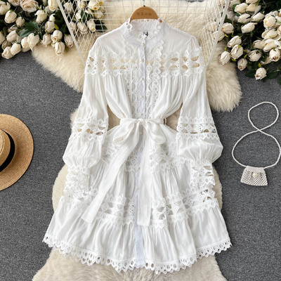 new stand up collar hollow single breasted dress lace up hollow lace skirt