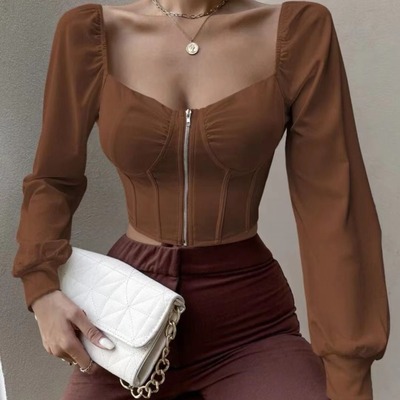 Women girl retro zipper open collar bubble long sleeve shirt