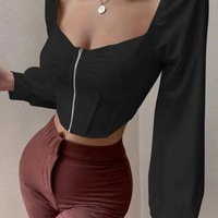 Women Girl Retro Zipper Open Collar Bubble Long Sleeve Shirt - Thumbnail 2