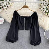 Women Girl Retro Zipper Open Collar Bubble Long Sleeve Shirt - Thumbnail 6