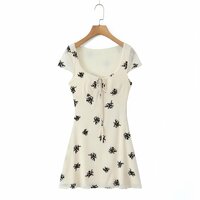 Sexy Large Neck Tie-up Ruffle-edged Printed Dress - Thumbnail 1