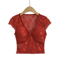 Romantic Butterfly Lace V-neck Short Sleeve T-shirt - Thumbnail 3