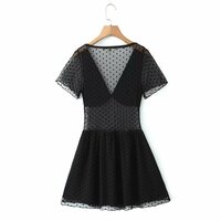Sexy Deep V Neck Short Sleeve See-Through Mesh Dress - Thumbnail 1