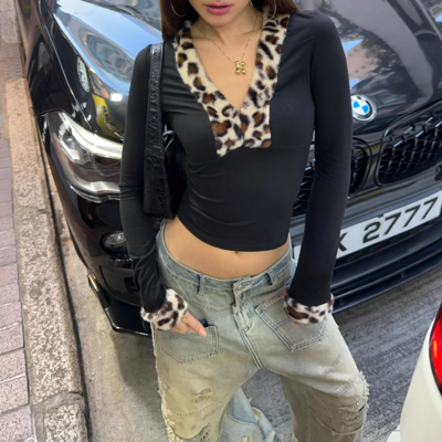 Leopard print fur collar spliced ​​hottie top - Thumbnail 5