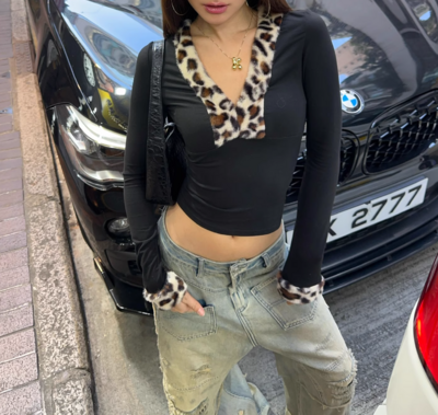 Leopard print fur collar spliced ​​hottie top