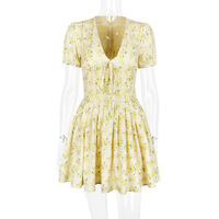 Deep V short-sleeved floral summer French dress Sweet and spicy style fashionable puffy skirt - Thumbnail 4