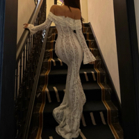 Long-sleeved lace one-shoulder fishtail floor-length dress white dress - Thumbnail 3