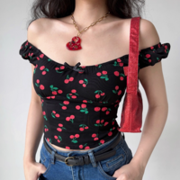 Cherry full print low cut round neck short sleeves women's puff sleeve slim fit T-shirt - Thumbnail 2