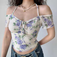 Flower mesh v-neck short-sleeved T-shirt - Thumbnail 2