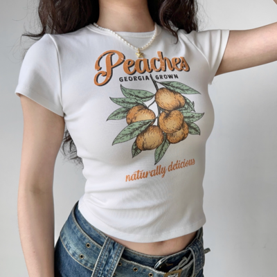 White straight shoulder t-shirt with peach print