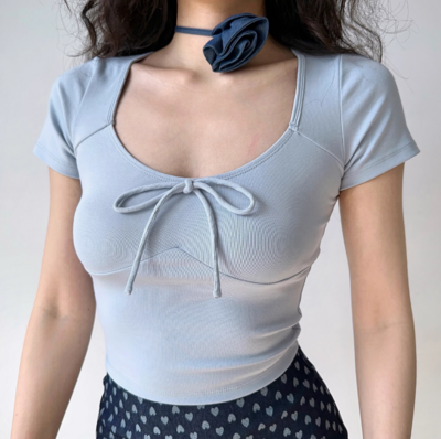 Ballet style low-cut round neck straight shoulder T-shirt