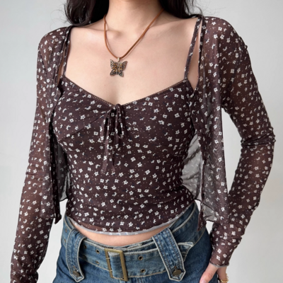 Retro floral suspender cardigan two-piece set - Thumbnail 5