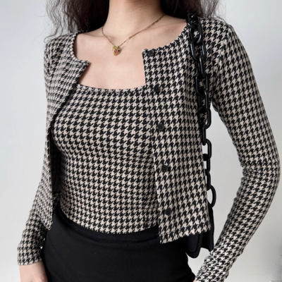 Retro houndstooth sling + cardigan two-piece set