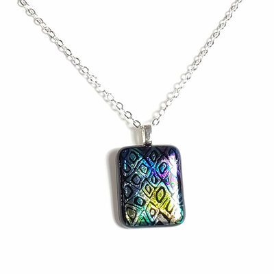 Dichroic multicolored cells fused glass pendant necklace