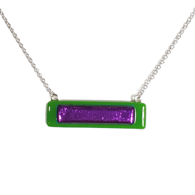 Dichroic purple on kelly green fused glass bar necklace