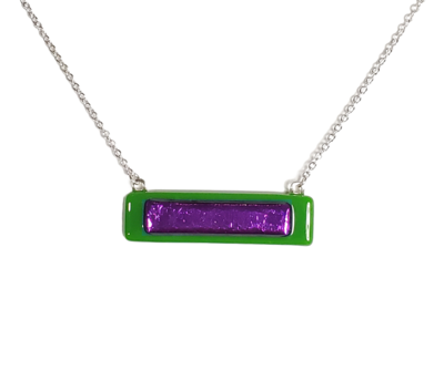 Dichroic Purple on Kelly Green Fused Glass Bar Necklace