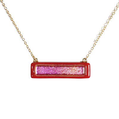 Pink dichroic on red fused glass bar necklace
