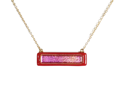 Pink Dichroic on Red Fused Glass Bar Necklace