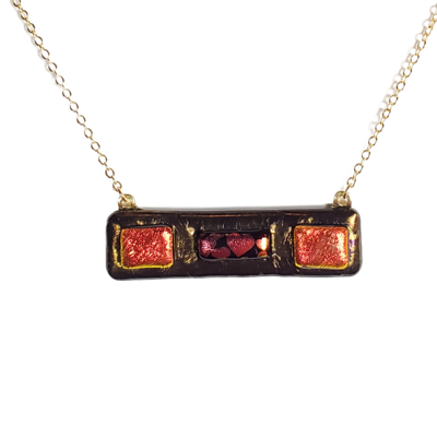 Dichroic hearts on metallic black fused glass bar necklace
