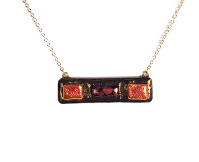 Dichroic Hearts on Metallic Black Fused Glass Bar Necklace