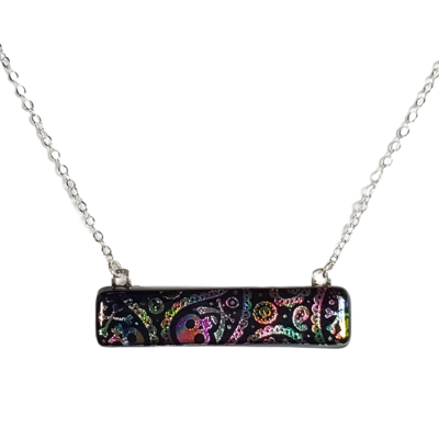 Dichroic rainbow skulls fused glass bar necklace