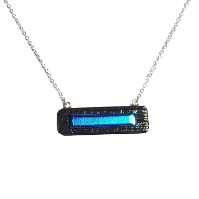 Dichroic blue on striped metallic black fused glass bar necklace