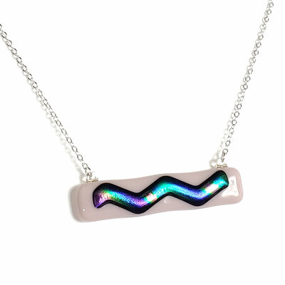 Dichroic rainbow wave on lavender purple fused glass bar necklace