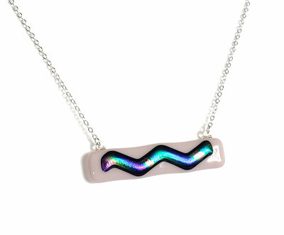 Dichroic Rainbow Wave on Lavender Purple Fused Glass Bar Necklace