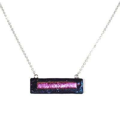 Dichroic pink on blue metallic black fused glass bar necklace