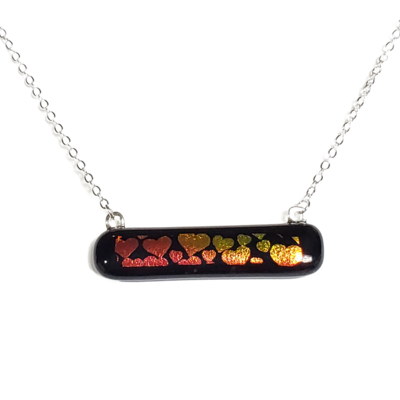 Dichroic hearts on thin black fused glass bar necklace