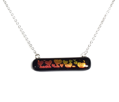 Dichroic Hearts on Thin Black Fused Glass Bar Necklace