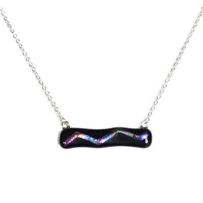 Dichroic rainbow wave on black fused glass bar necklace