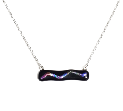 Dichroic Rainbow Wave on Black Fused Glass Bar Necklace