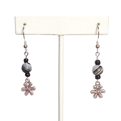 Black and white botswana agate and flower charm earrings