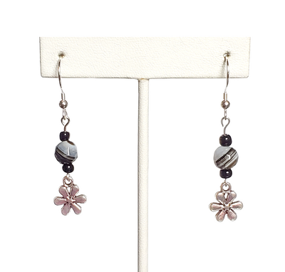 Black and White Botswana Agate and Flower Charm Earrings