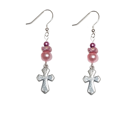 Pink pearl, purple pressed glass, and cross earrings