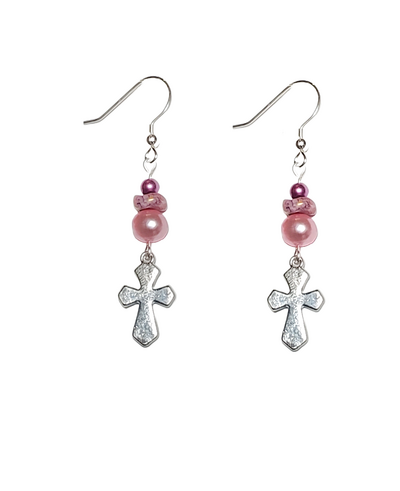 Pink Pearl, Purple Pressed Glass, and Cross Earrings