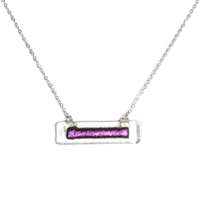Dichroic purple on clear fused glass bar necklace