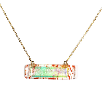 Dichroic iridescent pink on red stringers and clear fused glass bar necklace