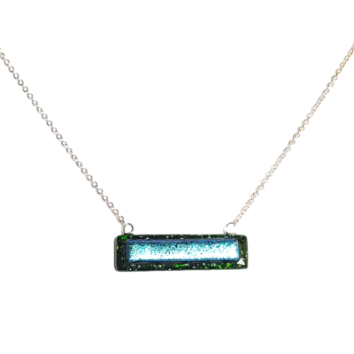 Dichroic blue on green sparkle fused glass bar necklace