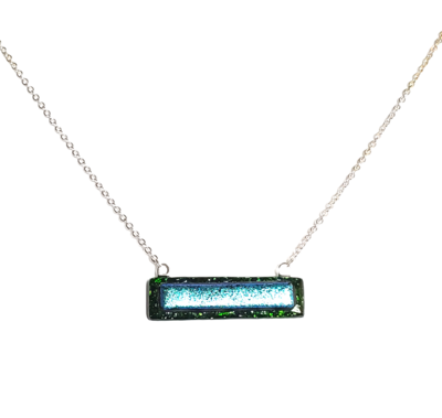 Dichroic Blue on Green Sparkle Fused Glass Bar Necklace